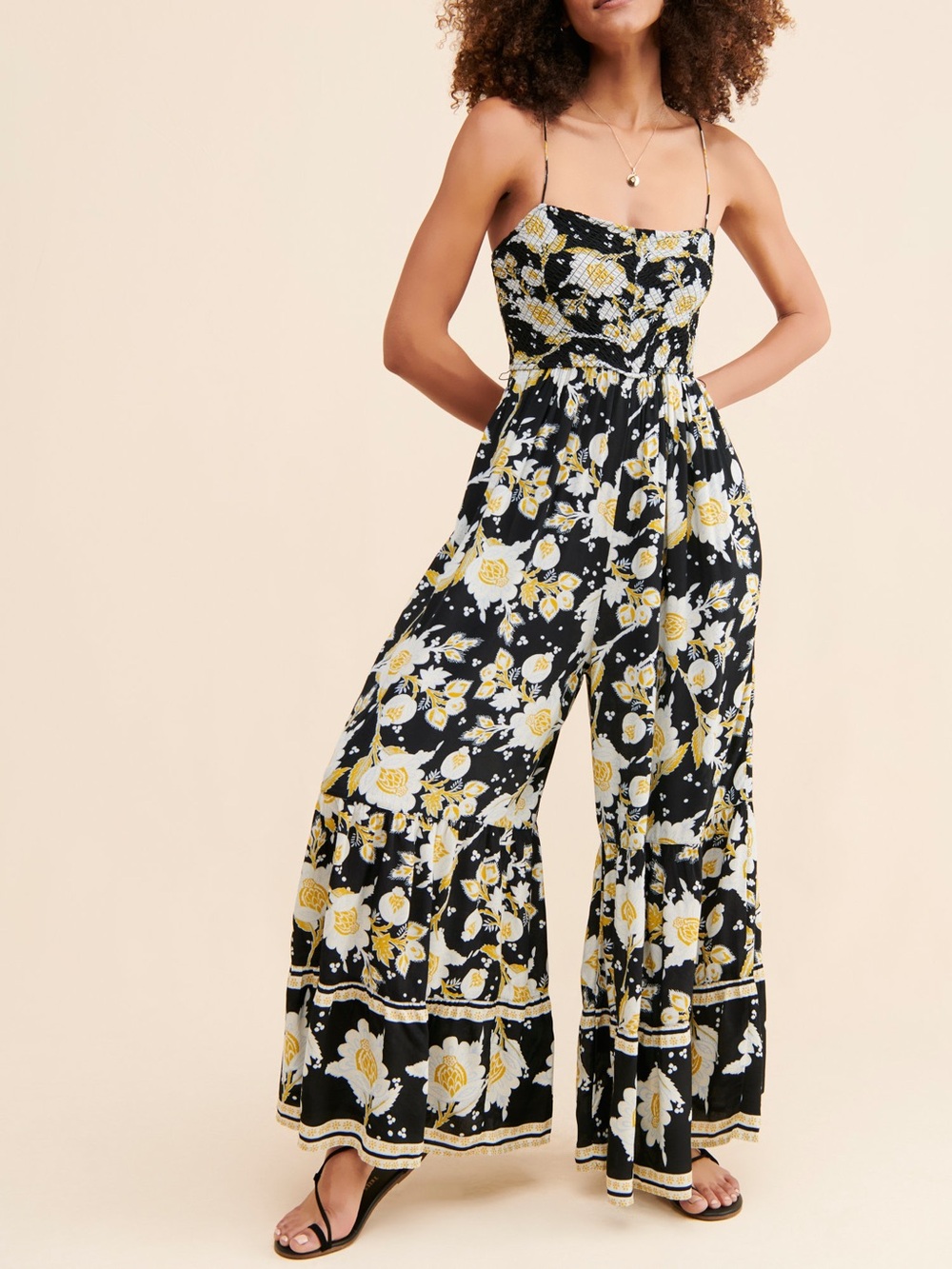 Free People Little Of Your Love Jumpsuit Floral Wide Leg Boho Smocked Size M